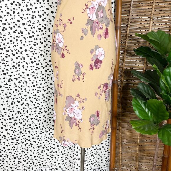 Aritzia | Wilfred Bellow Tan Yellow Floral Print Tie Bust Sexy Summer Midi Dress - Picture 3 of 13